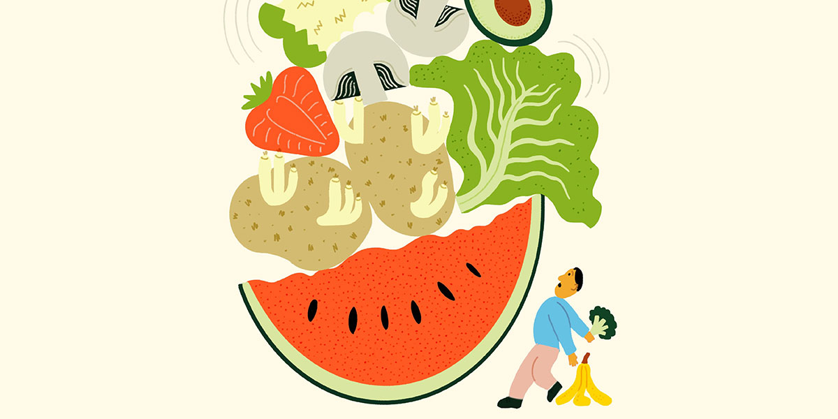 Illustration of a person overwhelmed by food scraps