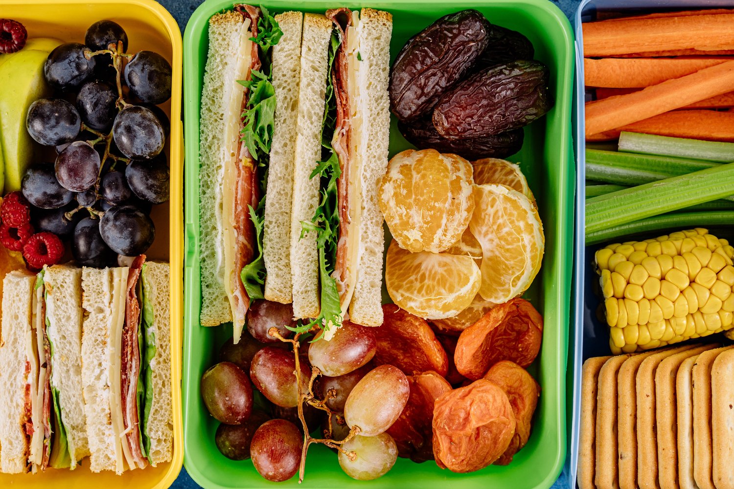lunchbox full of healthy food including sandwich and fruits